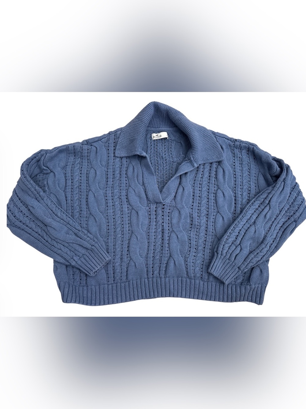 Hollister Blue Cable-Knit V-Neck Collared Sweater Size Large